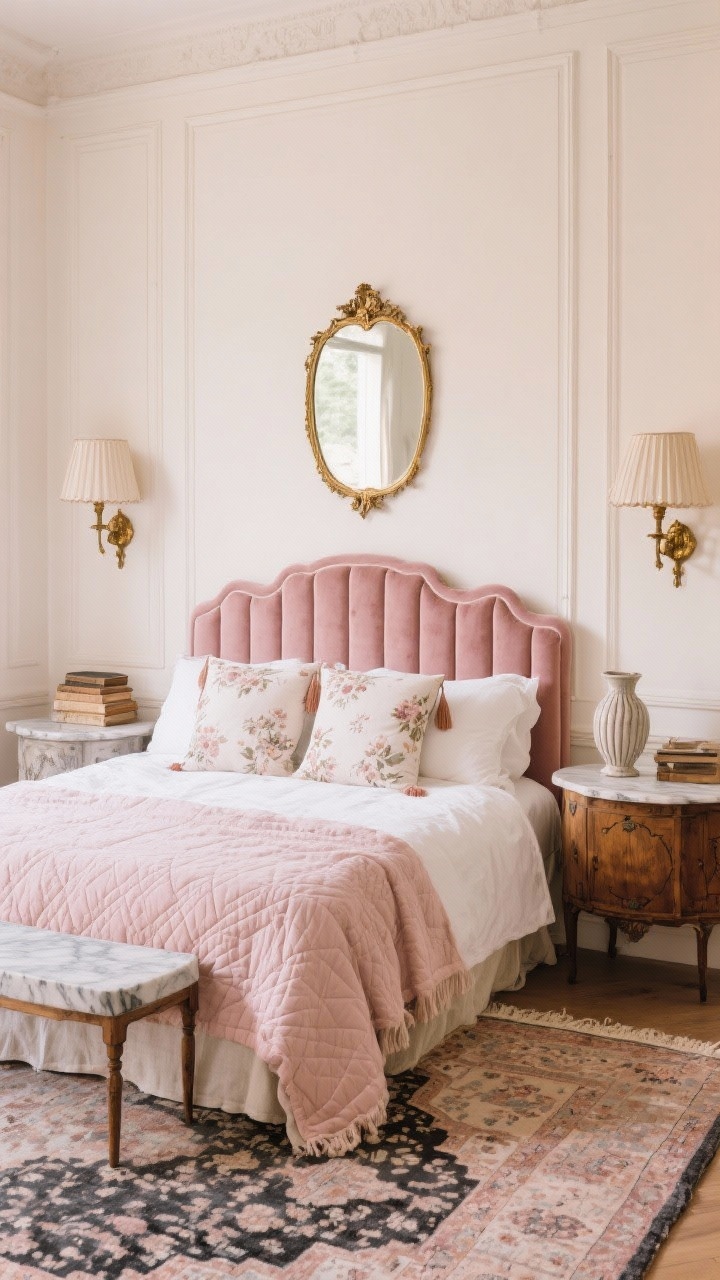 Medium shot, straight-on: Parisian Boho with a blush twist featuring creamy walls with picture-frame molding, a dusty-rose velvet headboard with scalloped channels, linen sheets in ivory and a quilted blush coverlet. Euro pillows in muted floral prints with subtle tassels. Antique brass sconces with pleated shades on either side, mismatched side tables—one marble-topped, one vintage wood—with a fluted ceramic vase and a small stack of weathered books. A faded Persian-style rug in blush, taupe, and charcoal underfoot, and a gilded mirror reflecting soft daylight. Airy, romantic, luxe mood.