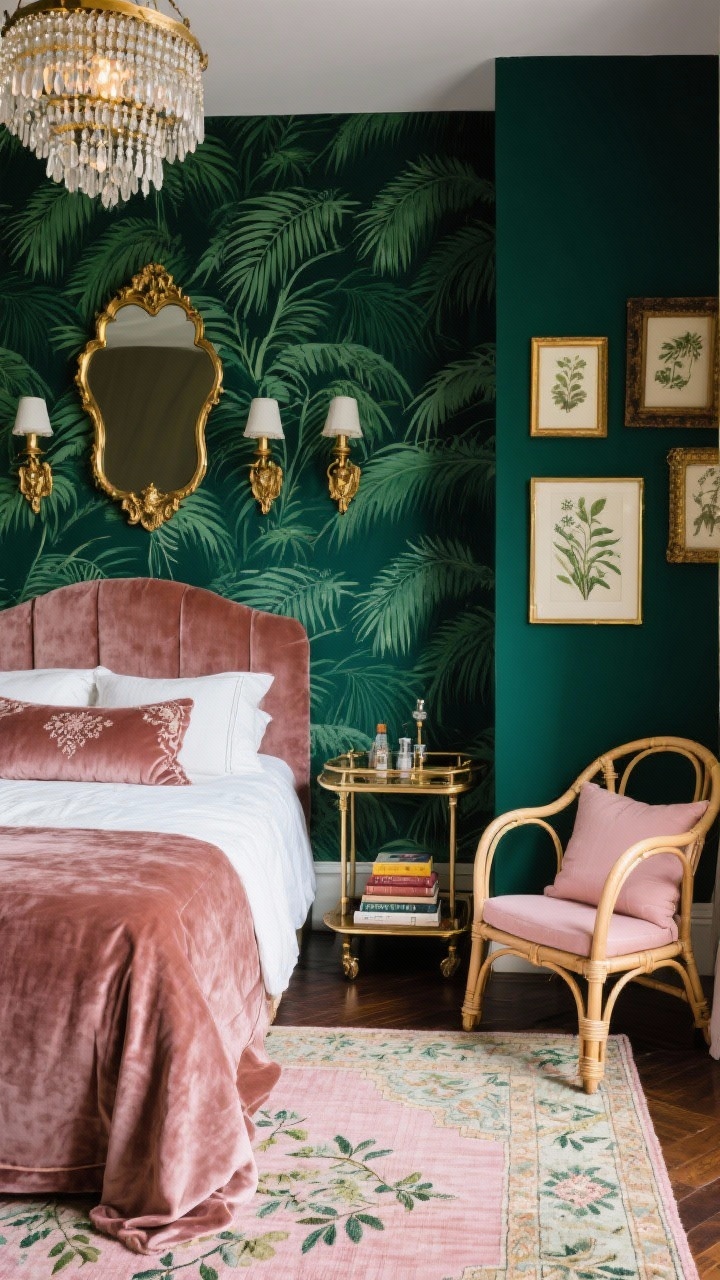 Medium shot, Vintage Palm Poet: a moody corner of a bedroom with deep emerald and pale green palm-leaf wallpaper behind a dusty-rose velvet bed. Crisp white sheets, a velvet bolster, and embroidered shams layer the bedding. Brass accents: antique-style wall sconces flanking a scalloped brass mirror; a vintage bar cart used as a bedside table holding a small stack of well-loved books. Underfoot, a Persian-style rug in faded pinks and eucalyptus greens. Curvy cane chair with a blush cushion nearby, botanical prints in mismatched gold frames on the wall. Beaded chandelier overhead for gentle, romantic glow. Photorealistic, poetic, slightly glam.