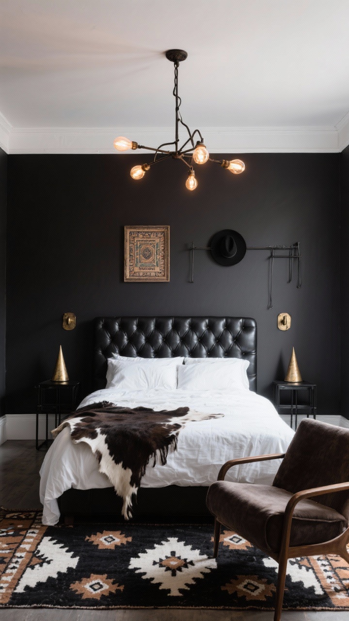 Medium, straight-on angle: Black Hat Boho Luxe bedroom with charcoal/deep espresso walls and a crisp white ceiling, a black tufted leather headboard with silky white cotton sheets, vintage Navajo-style rug in black, ivory, and camel beneath the bed, a cowhide throw draped over a slouchy lounge chair, matte-black metal nightstands, two cone-shaped aged-brass sconces flanking the bed, a forged-iron chandelier with warm Edison bulbs overhead, minimal decor featuring a framed vintage bandana and a slimline black hat rack; moody, dramatic lighting, photorealistic, no people.