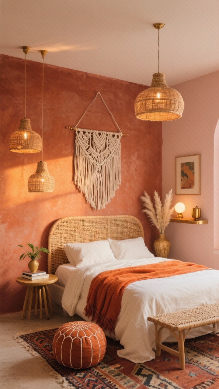 Medium-wide angled view: Boho sunset studio vibe with a terracotta accent wall behind a rattan headboard, surrounding walls in peachy neutrals. Bed dressed in cream cotton with a burnt orange throw, petite round nightstand holding a plant and book. Hanging pendant basket lights as bedside lighting, macramé wall hanging softening a corner, low Moroccan pouf at the foot, woven bench, kilim rug underfoot, pampas grass in a vase, layered art ledge with brass accents and warm globe bulb in a corner lamp. Cozy golden-hour lighting, palette of terracotta, sand, cream, burnt orange, brass.