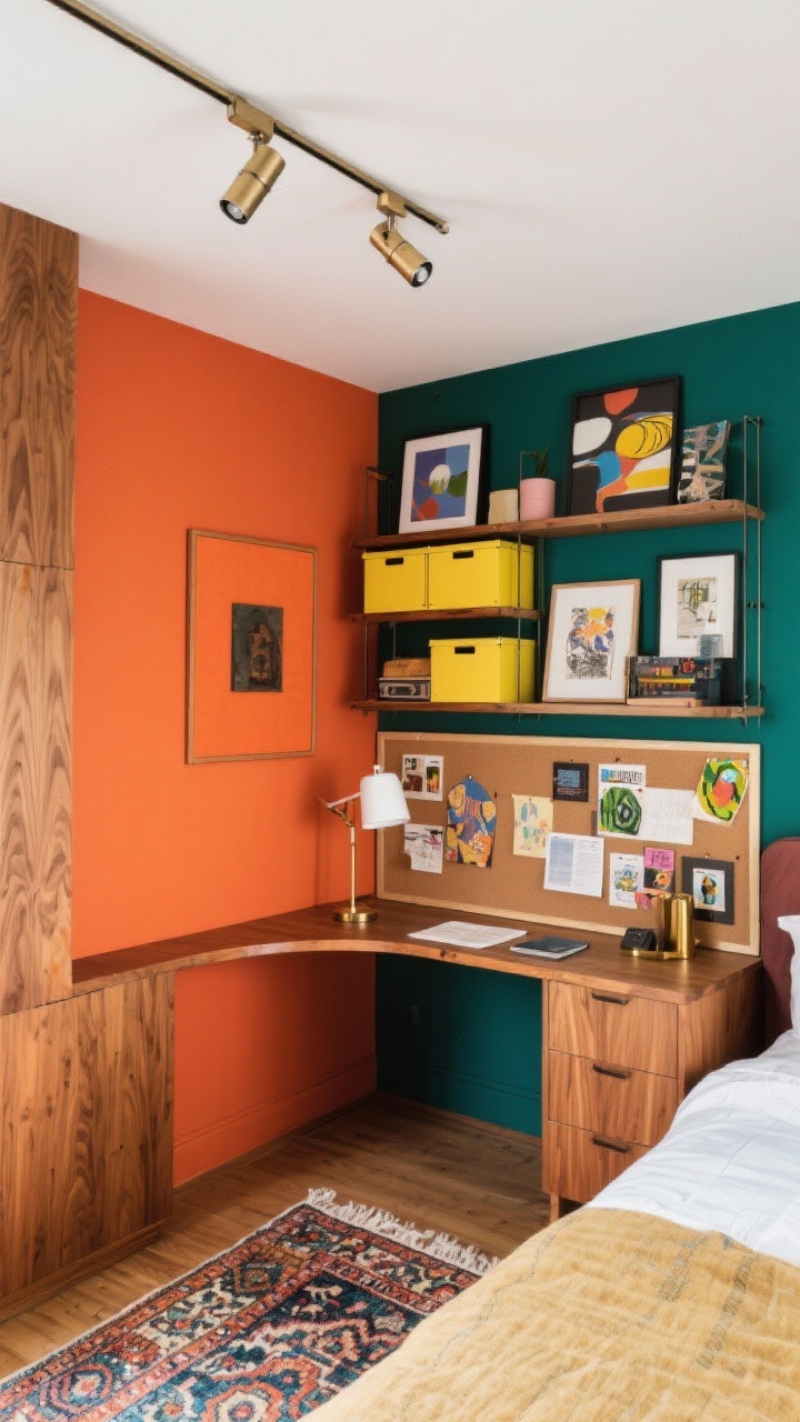 Overhead/detail hybrid, Color-Blocked Creative Corner: bold half-wall color block (terracotta) wrapping behind bed and around an L-shaped corner desk with rounded edges; vintage rug pattern visible below; pinboard framed in the same terracotta mounted above the desk; bright storage boxes sliding into a slim shelf tower; mismatched art and a desk lamp providing pops of white and brass; warm wood elements; ceiling-mounted track light with two adjustable heads aimed separately at desk and bed; vibrant, eclectic maximalist mood, photorealistic.