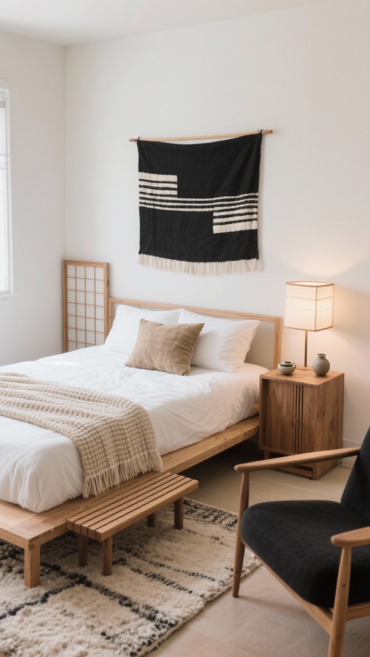 Overhead/detail hybrid, Japandi Boho Calm: a tatami-inspired low wood platform bed made with crisp white bedding, a beige waffle blanket neatly folded, and a single natural-dye lumbar pillow; nearby narrow oak nightstand with a minimal ceramic tea set; shoji-style rice paper lamp casting diffused glow, black-and-ivory textile centered above the bed, and a slatted wood bench at the foot; palette of chalky white, mushroom, ecru, and soft black with a charcoal accent chair partially visible; textured wool rug framing the scene; clutter-free surfaces, calm and meditative mood; photorealistic, soft indirect daylight.