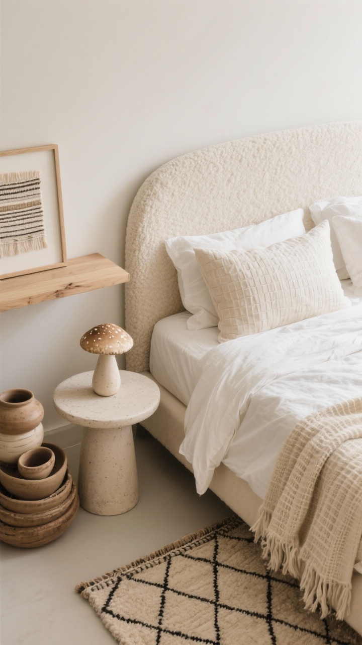 Overhead detail shot, Artisanal Neutral Sanctuary: bedscape of warm white/bone palette with curved bouclé headboard at top edge; natural cotton duvet, cream waffle blanket, and oversized stonewashed linen pillows showing tactile layers; subtle Berber-style rug with diamond pattern peeking below; rounded plaster side table holding a ceramic mushroom lamp; nearby stack of pottery and a framed textile art piece partially in frame; light oak nightstand and floating wood shelf hinted at edges. Photorealistic, soft diffused lighting, serene minimal mood.