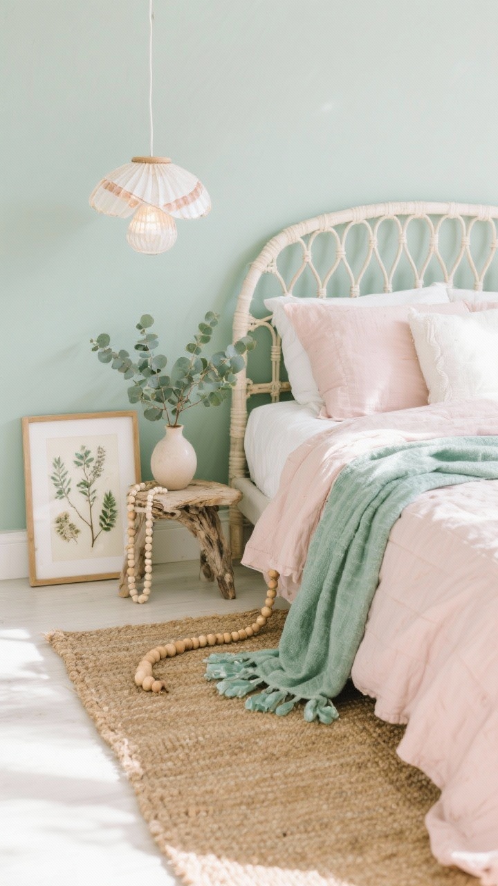 Overhead detail shot, Coastal Boho Breeze: styled vignette on a jute rug beside a bed with a rose quartz-toned linen duvet and sea-glass green throw draped over the edge. Nearby elements include a strand of wooden beads, framed botanical pressings, and a simple vase with eucalyptus sprigs. In soft focus at the edge: pale sage wall, a hint of a whitewashed rattan headboard, and a driftwood nightstand. Light, airy, sunlit atmosphere with capiz shell pendant glow reflected subtly. Palette of blush, mint, sage, sandy neutrals, and white. Photorealistic, coastal boho calm.