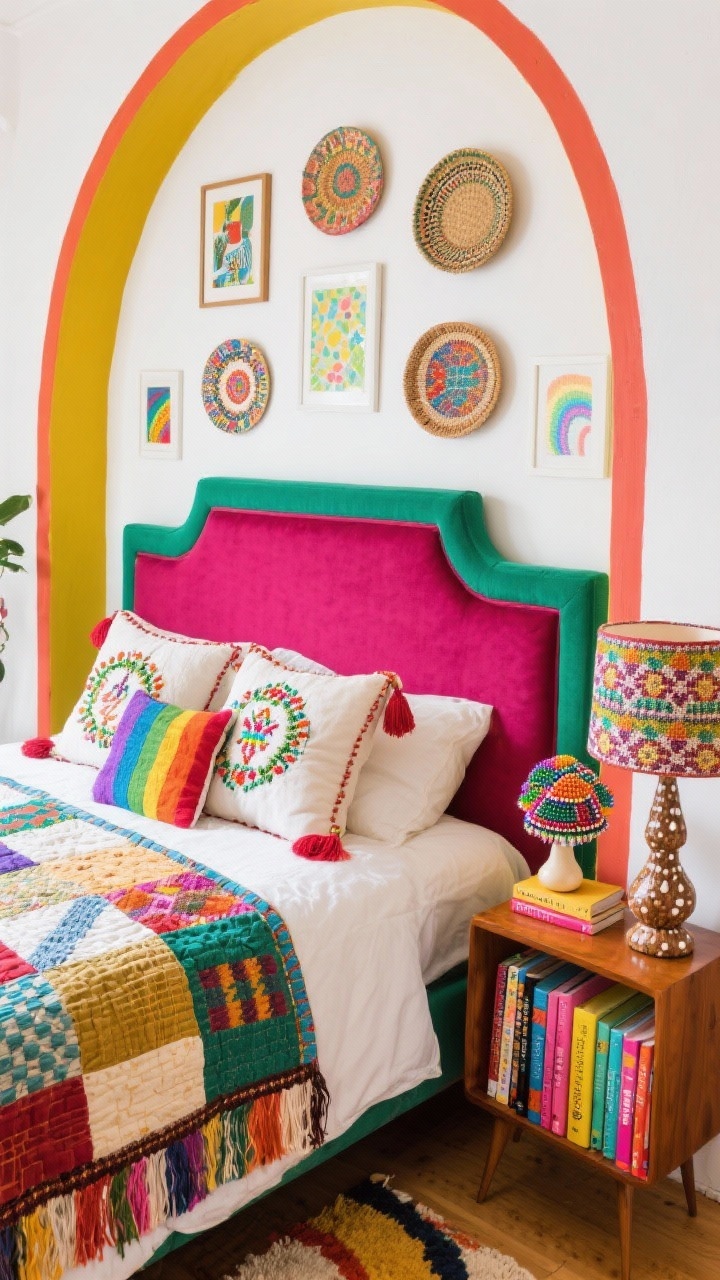 Overhead detail shot, Maximalist Rainbow Nest: A vibrant bedscape on soft white walls background—embroidered pillows and tassels, patchwork quilts, and a rainbow vintage kilim partially visible; bold upholstered headboard in magenta or emerald peeking at frame edge; mid-century side table with a quirky mushroom lamp; patterned lampshade, beaded art piece, and colorful books stacked; hints of lacquered wood texture and fringe; edges show painted arches/color-blocked trim and a floor-to-ceiling gallery wall of prints and woven plates; energetic, joyful lighting, photorealistic, no people.