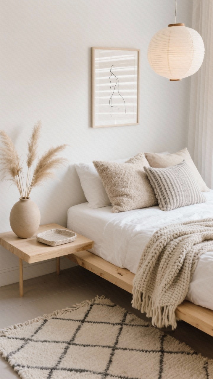 Overhead detail shot: Minimalist Scandi-Boho Calm bedside scene in warm whites, oat, soft gray, and blonde wood. Platform bed edge with crisp percale sheet, a chunky knit throw draped over the corner, and a trio of textured neutral pillows—bouclé, nubby linen, and subtle stripes—showing fabric grain. Beneath, a flatweave rug with a subtle diamond pattern. Floating nightstand in light wood holds a small travertine tray, a single oversized ceramic vase with pampas stems, and the corner of a framed line drawing visible on the wall. Soft diffusion from a paper lantern pendant out of frame; layered sheer and privacy roller shades filtering gentle daylight. Photorealistic, quiet and tactile mood.