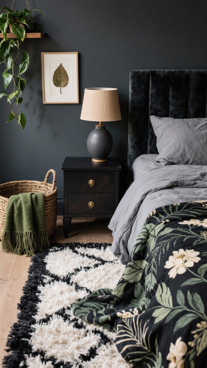 Overhead detail shot, Moody Botanical Boho Sanctuary: top-down view of a charcoal-and-ivory shag rug beside a bed with deep slate gray walls out of frame. Edge of a charcoal velvet headboard and soft gray flannel sheets visible, with a botanical-print duvet (charcoal background, sage leaves, cream blooms) draped partially onto the rug. On a black-stained wood nightstand with antique brass knobs sits a matte ceramic lamp with a warm linen drum shade casting cozy light. Nearby, a framed pressed leaf from a gallery wall and a trailing philodendron on a wall-mounted shelf peeking into frame; a fringed moss-green throw and an oversized woven basket for blankets at the bedside. Dramatic, serene, photorealistic, no people.