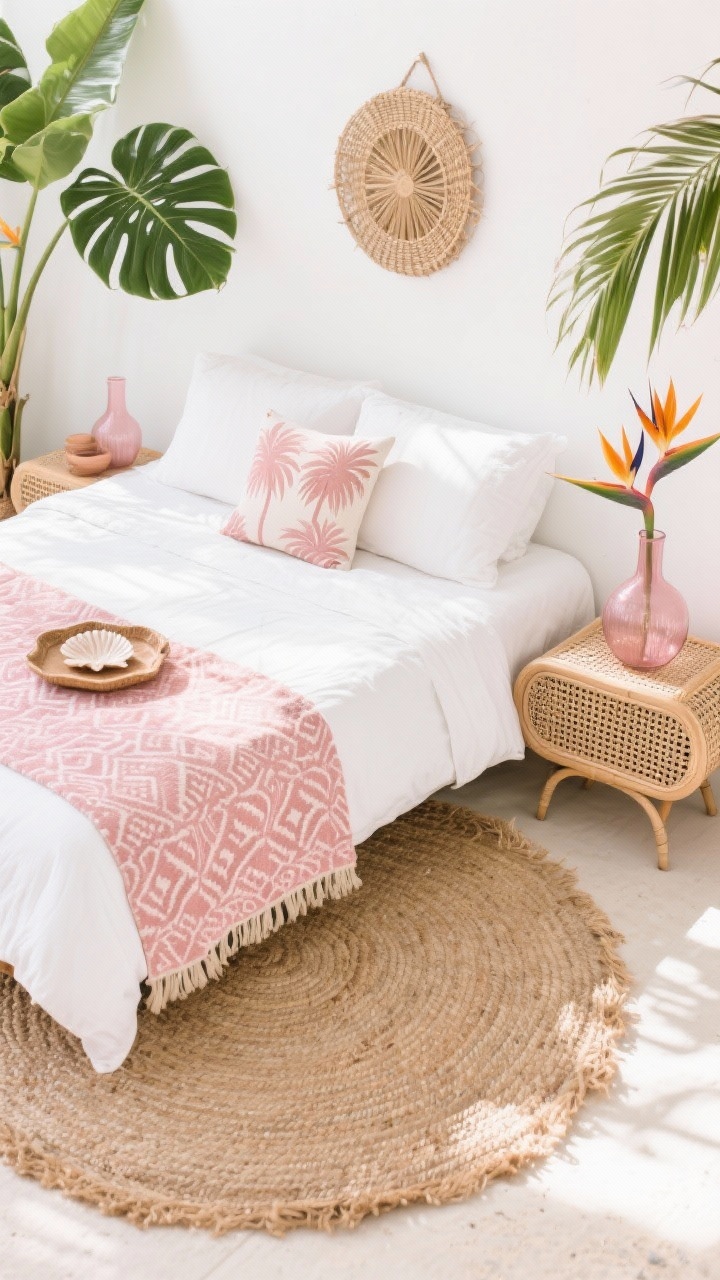 Overhead detail shot: Tropical Blush Boho retreat layering. A large sisal base rug with a smaller pink patterned rug on top; edges of curved rattan nightstand peeking in. On the bed below frame: crisp white percale sheets with a blush cotton duvet and a palm-print lumbar pillow. Styled accents include shell trays, blush-tinted glass vases, and a woven wall fan partially visible on a white wall. Lush hints of monstera and bird of paradise leaves entering the frame. Bright, breezy daylight with beachy textures.