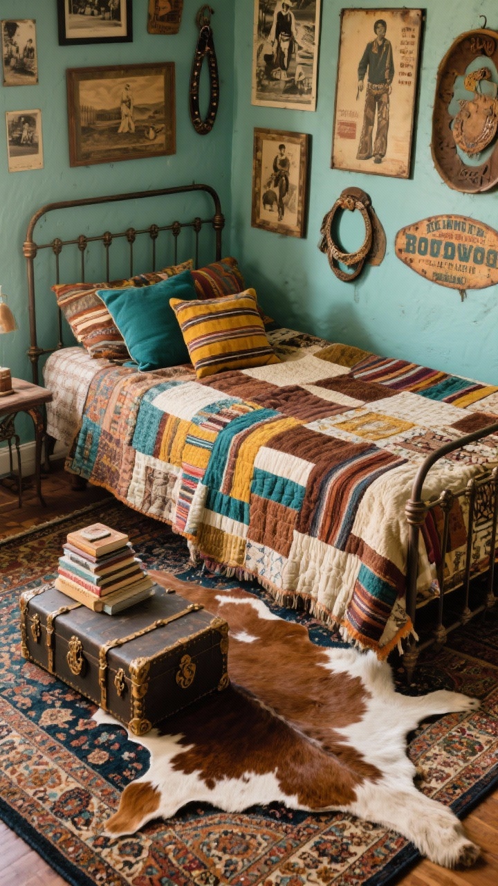 Overhead detail shot: Vintage Rodeo Maximalist layered rug moment—Persian rug artfully overlapped with a cowhide, the corner of an iron bedframe in view topped with patchwork quilts and serape pillows mixing teal, mustard, cinnamon, and cream, nearby ornate trunk used as a coffee table with stacked books, hints of dusty turquoise/muted teal wall and a clustered gallery of thrifted Western art (sepia photos, rodeo belts, painted tin signs) at the edge; rich textures (iron, velvet, cowhide, serape weaves), warm ambient light, photorealistic, no people.