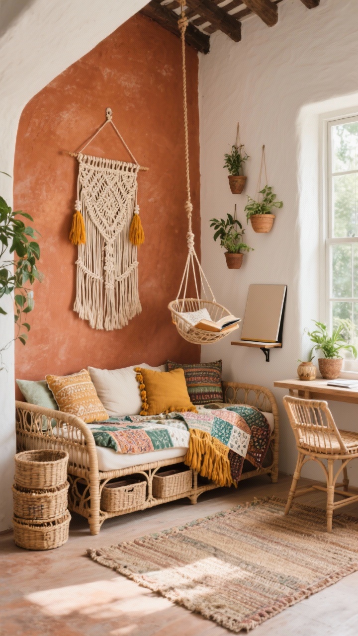 Photorealistic angled wide shot of a Boho Bungalow Nook: terracotta accent wall behind a rattan daybed with hidden trundle, clay-white surrounding walls, layered kantha quilts, tassel pillows, large woven wall hanging elevating vertical space, macrame swing chair in the corner as a reading spot, fold-down wall-mounted desk closed, cluster of hanging planters at different heights, stackable storage basket tower, flat-woven rug; palette of terracotta, cream, sage, marigold; warm natural light, cozy textures, relaxed vibe