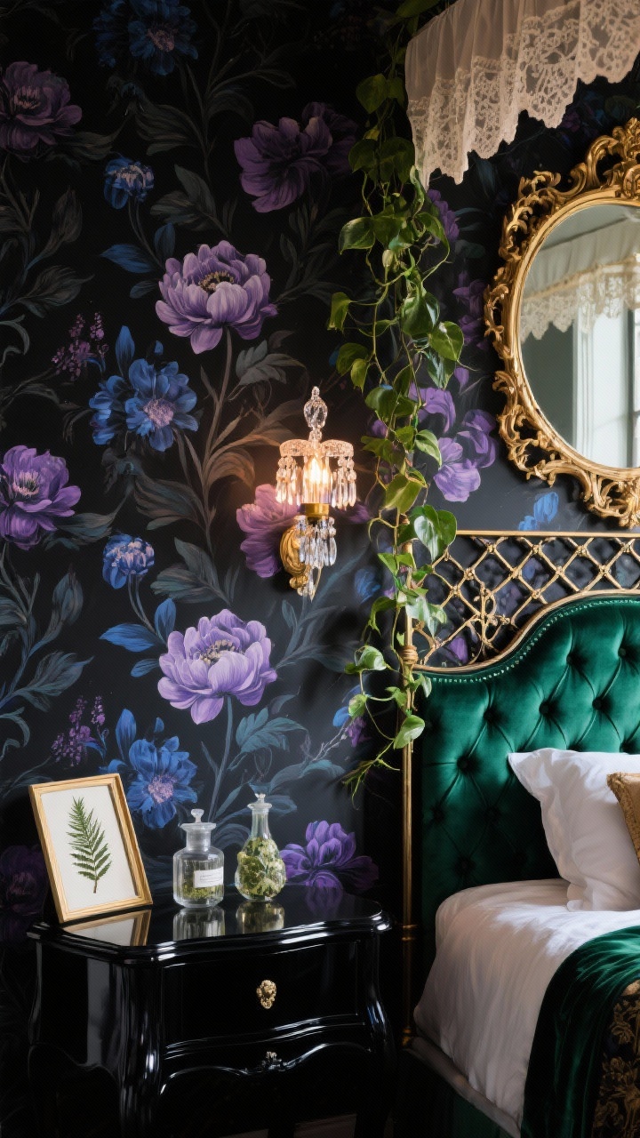 Photorealistic detail closeup: Baroque Botanica Boudoir textures and ornament. Black floral wallpaper with oversized, hand-painted-look blooms in inky purples and midnight blues fills the background. Foreground shows the edge of an emerald velvet tufted headboard, a sliver of gleaming black lacquer nightstand with apothecary bottles and framed pressed ferns. Ornate antique gold mirror frame peeks in, with a soft lace canopy draping overhead. A trailing pothos climbs a small wrought-iron trellis. Color palette: ink black, emerald, amethyst, antique gold. Soft, warm crystal sconce lighting for old-world glow. No people.