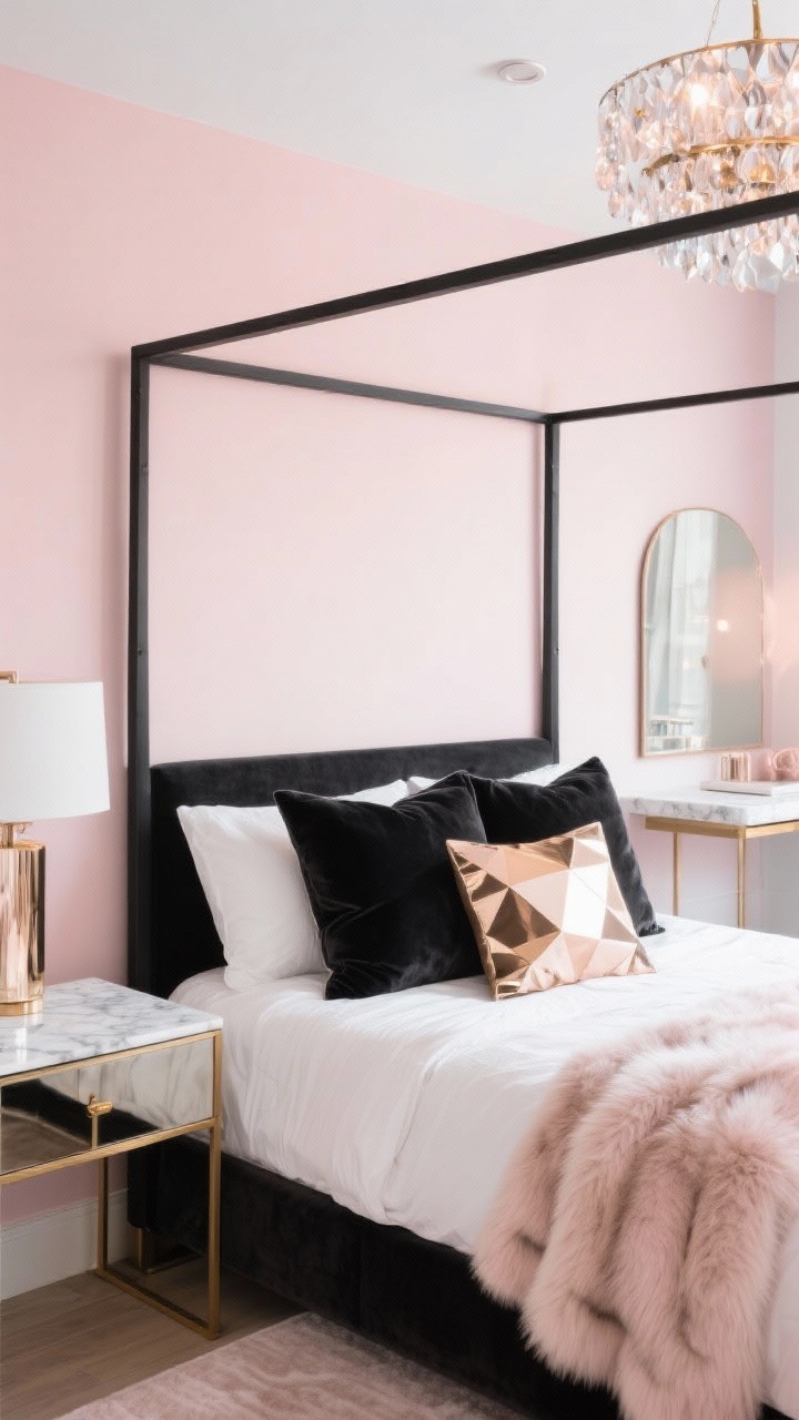 Photorealistic detail closeup for a Modern Glam Glow-Up: crisp blush-painted wall with the edge of a black metal canopy bed, slim mirrored nightstand reflecting light, geometric velvet pillows and a soft faux fur throw draped on white bedding, rose gold accents, a flush-mount chandelier with faceted glass sparkling overhead (cropped but visible), peel-and-stick marble surface on a mini desk in background blur; sleek blush, black, white, rose gold palette; glam, high-contrast, luminous