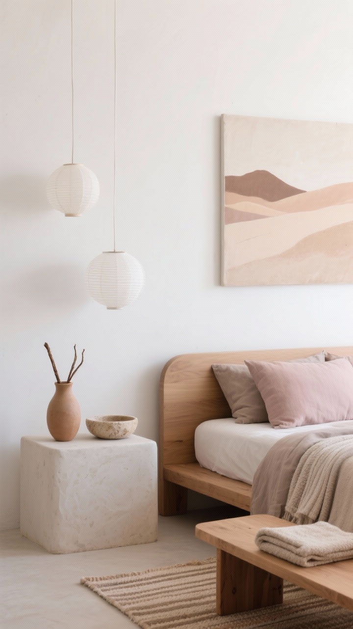 Photorealistic detail closeup from a Desert Minimalist Dream: a bone white wall with a simple abstract canvas in muted desert tones leaning above a sleek, low oak bed with rounded corners. Bed styled with soft taupe linens and touches of blush and sand; textures include linen, bouclé, and raw clay for contrast. A floating plaster-look nightstand holds a ceramic carafe, a single palo santo bundle, and a tiny travertine ring bowl. In soft, cloudlike illumination from slim paper lantern pendants out of frame. A hint of a flat-woven pale striped kilim below and a narrow natural ash bench at the foot with neatly folded blankets; calm, airy gallery feel, straight-on composition.