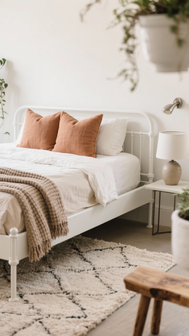 Photorealistic detail closeup from a low angle focusing on materials and tones: the corner of a powder-coated white metal platform bed with simple rails and no footboard, dressed in stonewashed flax linens—oatmeal duvet, ivory sheets peeking, taupe waffle blanket folded; two oversized square euro pillows in textured slub cotton with a clay-colored lumbar in front; soft, warm white wall backdrop; edge of a pale wool Berber rug with subtle pattern underfoot; nearby low ceramic table lamp base and a slim live-edge bench at the foot partially in frame; trailing plants in white planters blurred in the background; brushed nickel hardware and lighting, calm earthy-minimal mood, diffuse daylight.