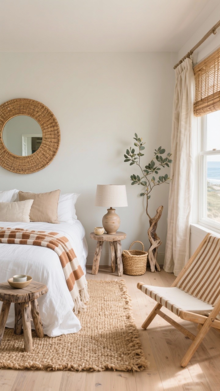 Photorealistic medium corner shot of a Coastal Clay Retreat: soft putty walls and bleached oak floors with warm clay accents. Bed dressed in crisp white percale, layered with a cinnamon striped throw and sandy linen pillow shams. Weathered wood stools act as nightstands, topped with a ceramic table lamp with a linen shade. Above the bed, a large round rattan mirror reflects light. Windows feature linen drapes paired with bamboo shades for textured light control. On the floor, a chunky sisal rug. Accents include a driftwood sculpture and sea-grass baskets. In one corner, a slatted lounge chair beside a tiny ceramic side table for tea; a tall vase with a eucalyptus branch adds fresh coastal aroma; bright, breezy daylight, straight-on view.