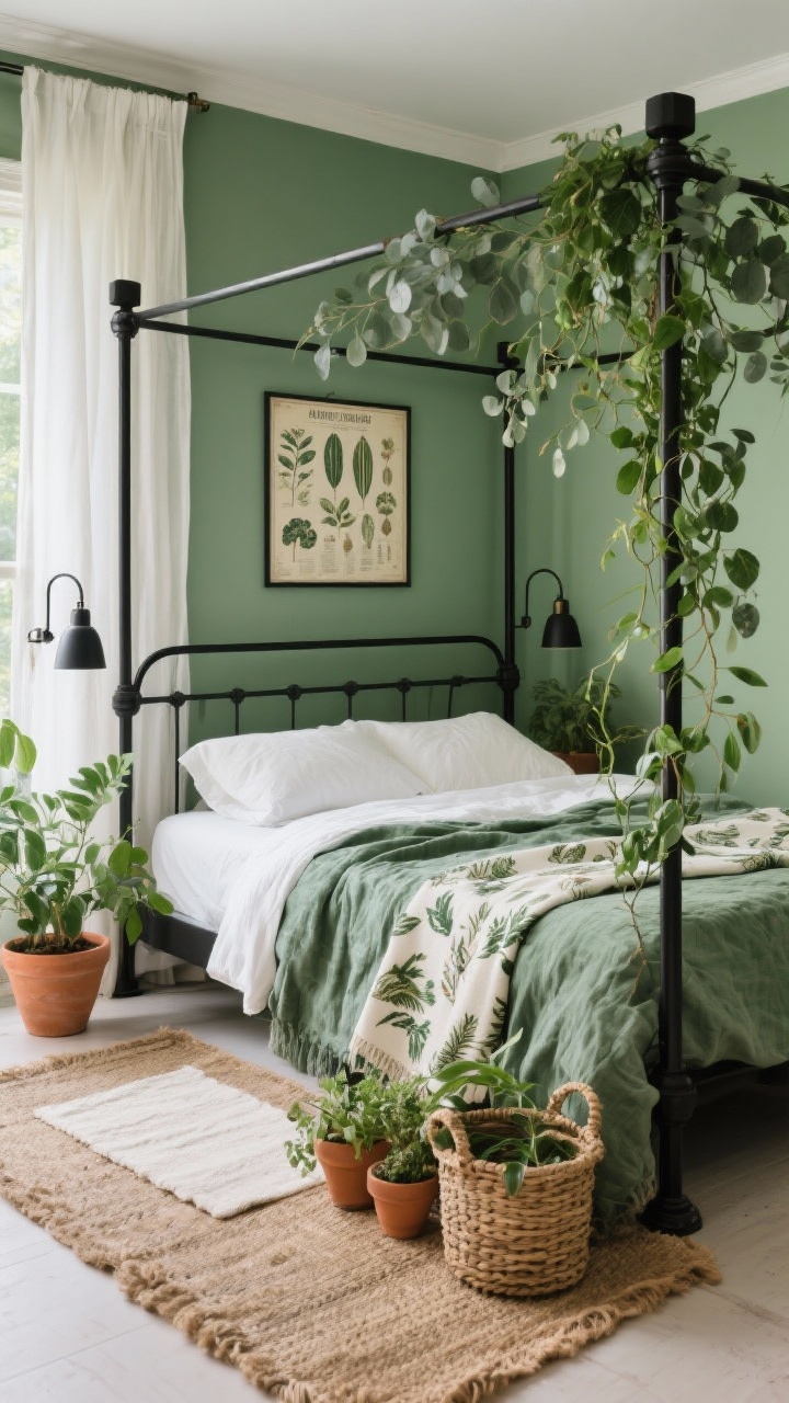 Photorealistic medium-overhead hybrid shot emphasizing greenery: a black iron four-poster bed with square posts, eucalyptus green walls, off-white light-filtering linen curtains; bed dressed in a sage crinkle cotton duvet with crisp white sheets and a botanical print throw at the foot; layered rug combo—jute base with a smaller cotton rug on top; woven baskets clustered for plant styling; a trailing pothos climbing one bed post to suggest a living canopy; terracotta pots, matte black swing-arm sconces flanking the bed, and a vintage botanical chart above the headboard; soft, airy daylight for a lush, serene boho retreat.