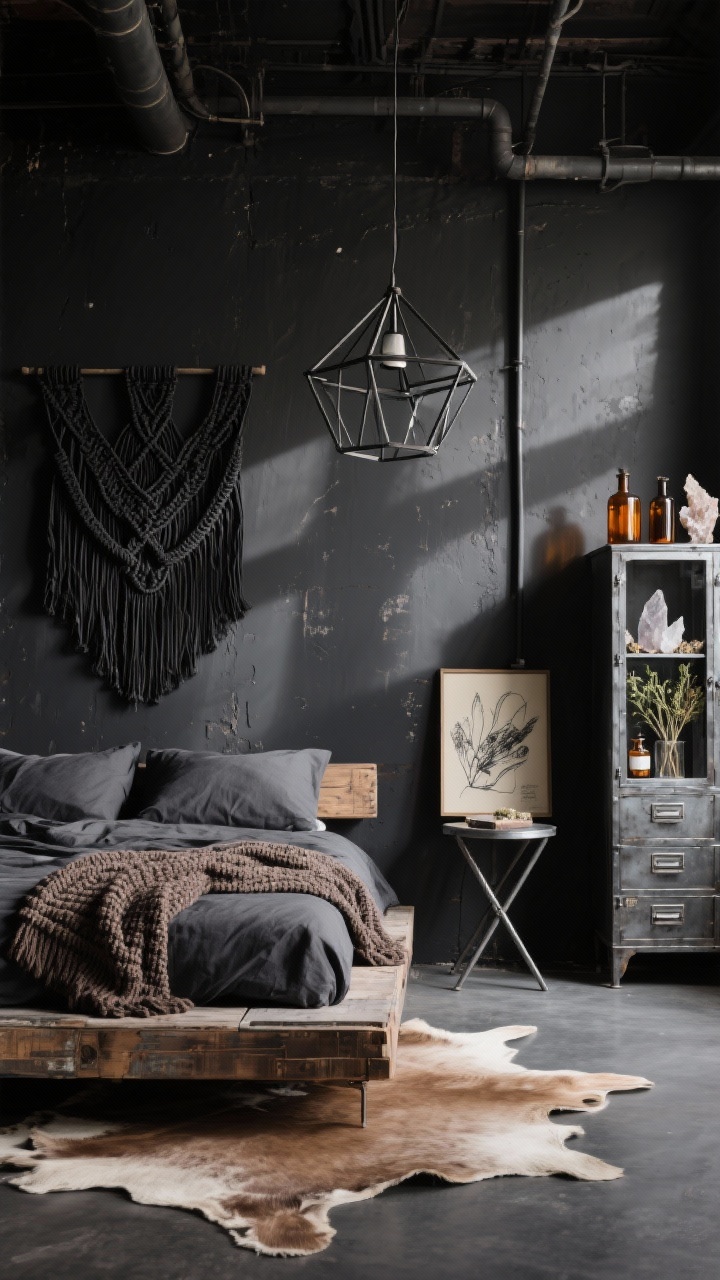 Photorealistic medium shot: Industrial Alchemy Loft vignette, straight-on view. Soft black limewash walls with exposed piping. Platform bed with weathered wood frame and ink-dyed linen bedding; above, a black macramé wall hanging. To the side, a metal apothecary cabinet displaying amber glass bottles, quartz clusters, dried herbs; a steel side table with charcoal sketches propped against the wall. Overhead, a geometric iron pendant casting angular shadows. A faux hide rug at the foot of the bed and a chunky knit throw add warmth. Color palette: slate, soot, tobacco brown, bone. Moody, directional lighting with strong shadow play. No people.