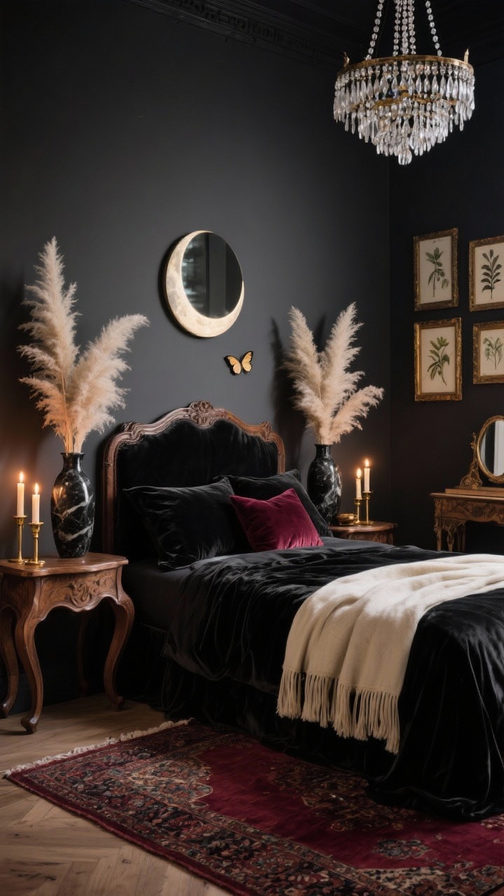 Photorealistic medium shot: Moonlit Velvet Sanctuary bedroom corner. Matte charcoal walls with a low, carved wood bed dressed in black velvet bedding, layered with cream tassel throws and velvet cushions. Above the headboard, a crescent moon mirror centered between feathery pampas plumes in onyx vases. Serpentine-edge nightstands with brass taper holders glowing like candlelight from a beaded chandelier overhead; a vintage Persian rug in deep burgundy anchors the floor. Include an antique vanity and a moody gallery wall of botanical prints in gilded frames with a tiny taxidermy butterfly. Color palette: charcoal, black, deep burgundy, cream. Warm, dim, candlelit ambiance. No people.