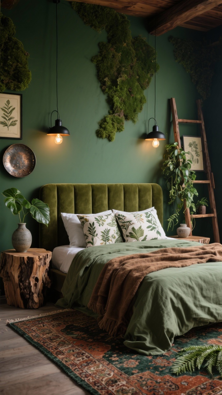 Photorealistic medium shot of a Forest-Nest Sanctuary focusing on the bed wall: mossy green walls, walnut wood tones, an upholstered olive velvet headboard. Flanking the bed, live-edge nightstands with organic grain. Bed layered with a sage linen duvet, bark-brown throw, and embroidered botanical-pattern pillows. Above and around, matte black sconces with warm Edison bulbs creating a cocooning glow. In view: a plush Persian-style rug in forest and rust tones at the foot of the bed, ferns and a rubber plant nearby, a trailing philodendron on a wooden ladder shelf. Accents include hammered metal trays, vintage botanical prints, and stoneware vases; moody, grounded atmosphere.