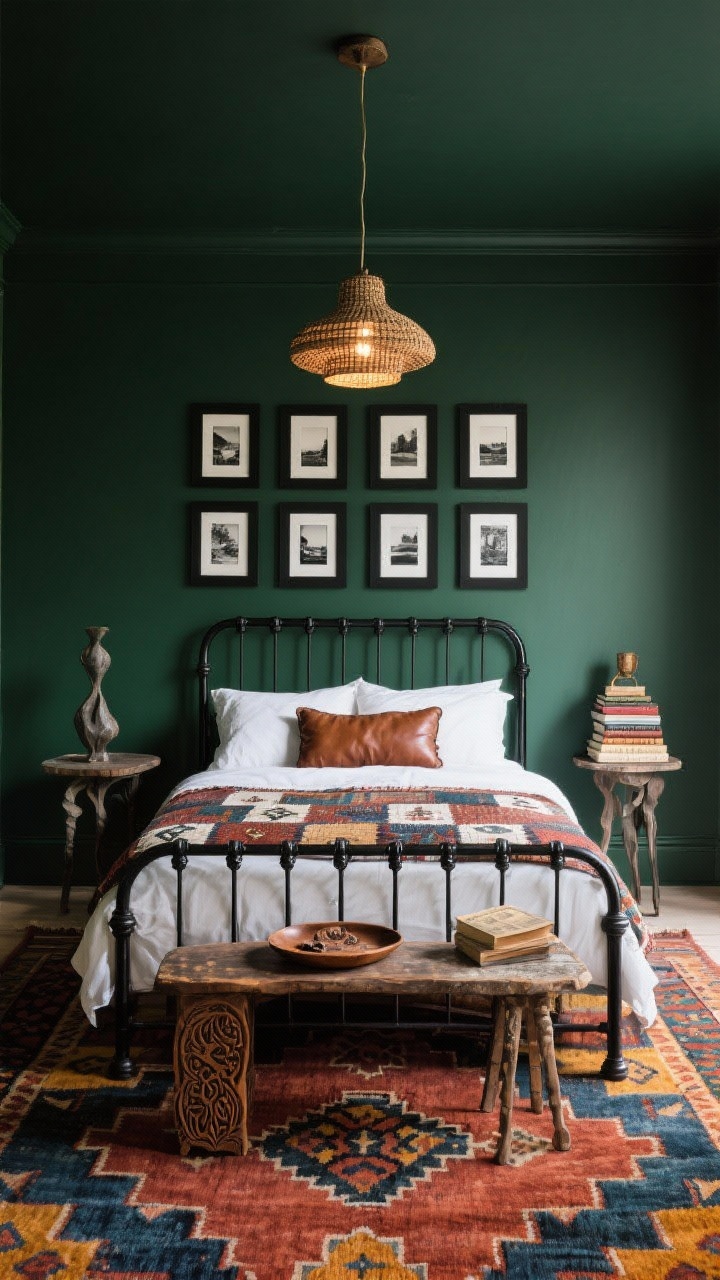 Photorealistic medium, straight-on view: a matte black spindle metal bed against deep olive walls, crisp white percale sheets under a patterned Kilim-style quilt; mismatched antique side tables left and right, a sculptural woven pendant overhead casting soft ambient light; a hand-knotted rug in rust, indigo, and saffron on the floor; above the headboard, a grid of thin black-framed black-and-white travel photographs; accents include a leather bolster pillow, carved wooden tray, and a stack of vintage travel books; collected global-nomad vibe, rich yet balanced patterns.