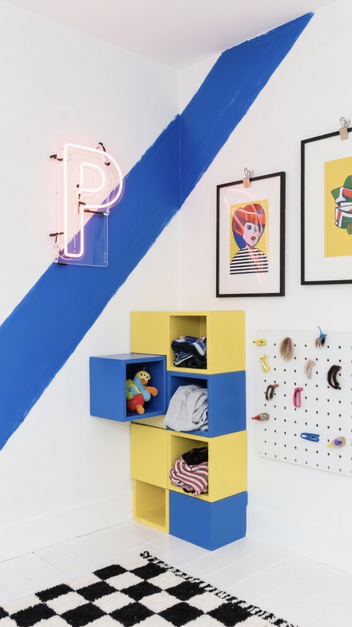 Photorealistic overhead detail shot for Pop Art Color Pop: white wall intersected by a bold ultramarine diagonal paint-block stripe, modular cube storage arranged in a playful Tetris stack holding clothes and toys, magnetic strip with pins and hair clips, a checkered rug pattern peeking in frame, poster-style prints with thick mats nearby, a clip-on neon sign casting a subtle glow; crisp white, black, and one bold hero color; graphic, playful, high-contrast