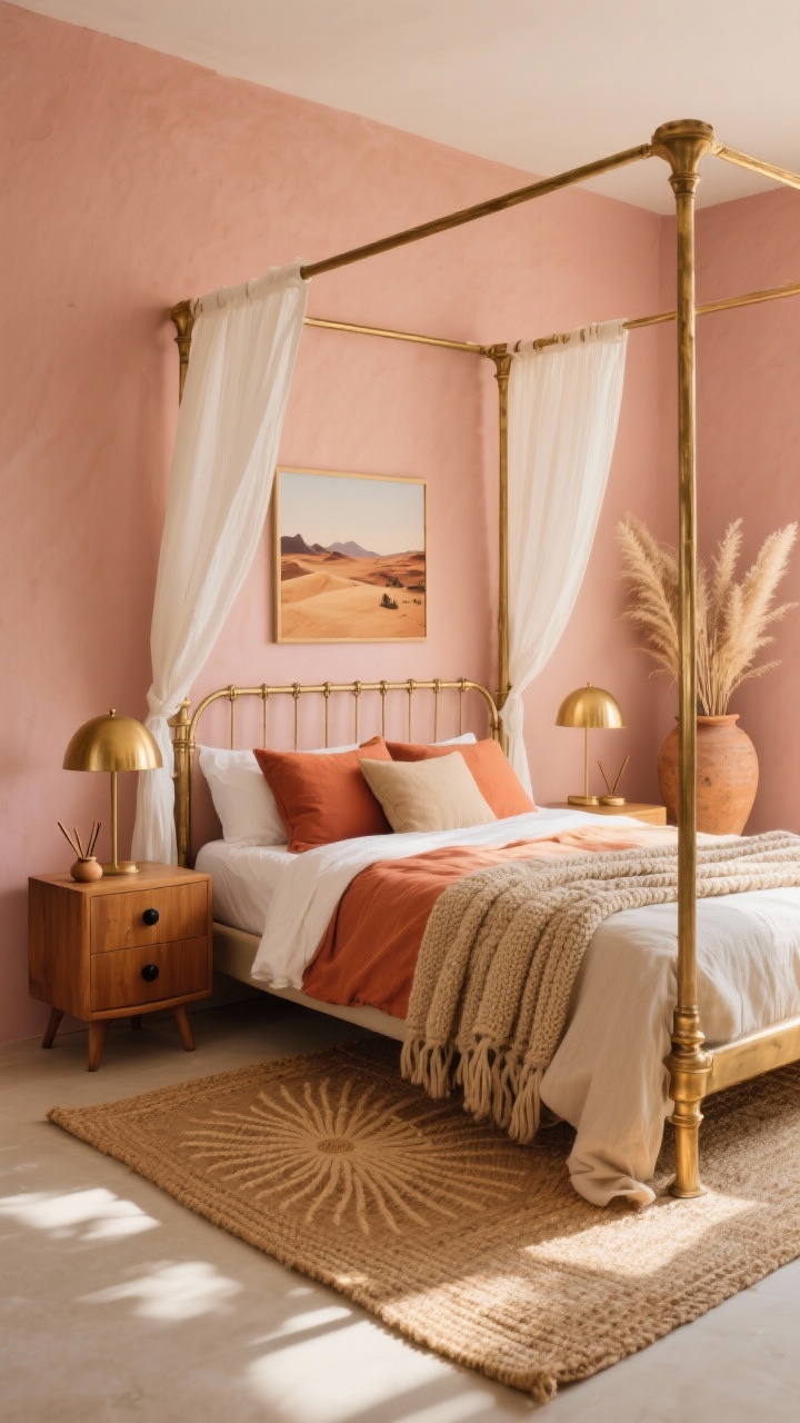Photorealistic wide bedroom shot at golden-hour natural light: a brushed brass canopy metal bed centered against soft clay-pink walls, gauzy white canopy panels draped lightly from the frame, bedding layered in terracotta, sand, and ivory linen with a chunky knit throw at the foot; low mango wood nightstands with rounded edges and matte black knobs on both sides, brass dome lamps, a woven jute rug with a subtle sunburst pattern under the bed, a leaning desert landscape art print, an oversized earthenware floor vase with dried pampas, a ceramic incense holder; warm brass and aged gold metals only, relaxed boho atmosphere, no people.