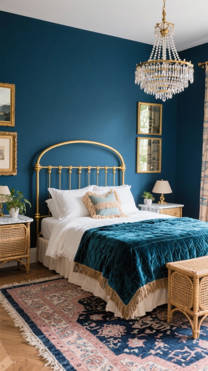 Photorealistic wide corner angle: an antique gold metal bed with arched headboard and thin rails set against inky blue walls, cream linen sheets topped with a deep peacock velvet quilt; rattan nightstands and cane-front accents, a beaded chandelier overhead adding shimmer; Persian-style rug in navy and blush anchoring the space; brass-framed mirrors reflecting soft ambient light, fringed throw pillows on the bed, a marble-topped side table holding a plant; cohesive soft gold repeats in picture frames, lamp finials, and mirror edges; boho-glam ambiance, no people.