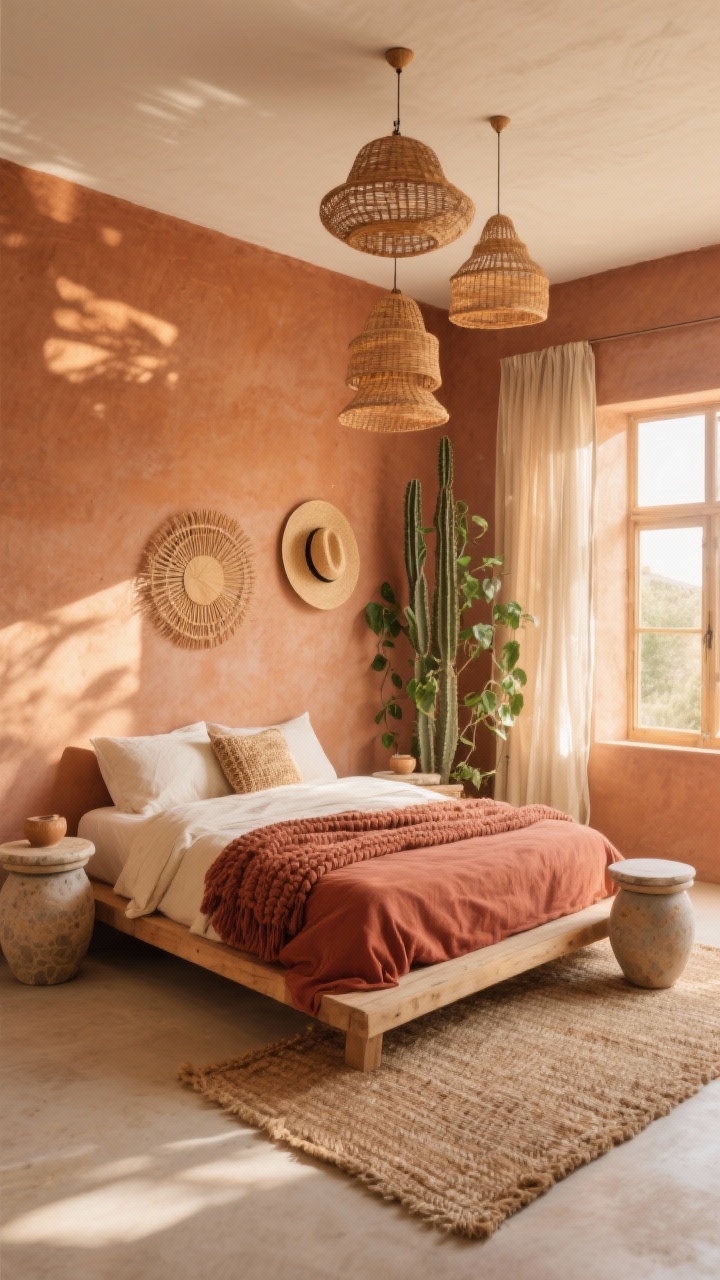 Photorealistic wide room shot: a Sun-Baked Terracotta Oasis bedroom at golden hour with matte terracotta clay walls, a low natural wood platform bed dressed in rust-colored linen duvet, creamy cotton sheets, and a chunky knit throw. Sheer flax curtains glow at the windows, light filtering through. A handwoven jute rug underfoot. On both sides of the bed, ceramic drum tables with soft curved edges and stone-like glazes. Wall decor includes an oversized woven fan and sun-bleached straw hats. A tall cactus and trailing pothos add sculptural greenery. Overhead, a trio of rattan pendant lights at staggered heights casting romantic woven shadows; muted palette of terracotta, sand, ivory, and rust, corner angle composition.
