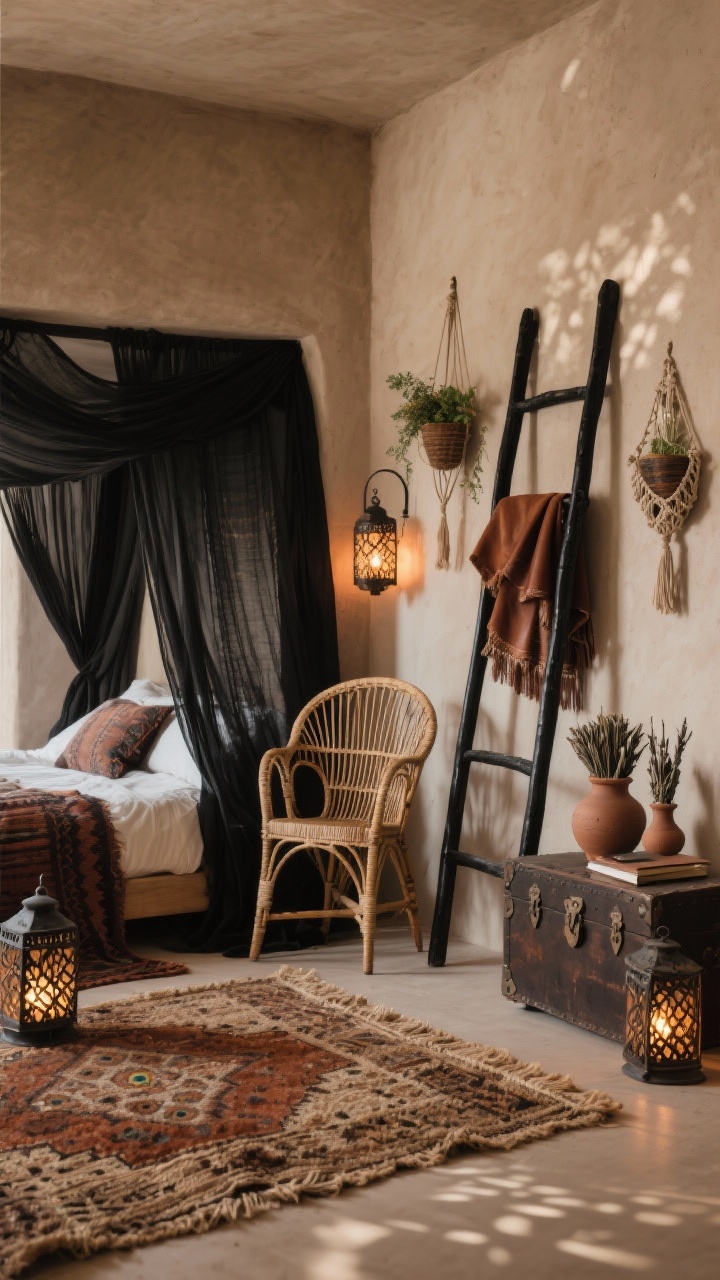 Photorealistic wide shot: Desert Witch Nomad Nook, viewed from a corner angle. Clay-wash walls in warm greige, a canopy bed draped in gauzy black muslin that puddles onto the floor. Woven textures throughout: rattan peacock chair, macramé hanging planters, thick jute rug layered with a distressed kilim in umber and rust. Iron lanterns casting cutwork shadow patterns; a trunk used as a nightstand holds clay vessels and dried sage bundles. A skinny black ladder leans against the wall with throws and a leather-bound journal. Color palette: warm beige, soot black, rust, umber. Low, flickering lantern light; airy yet moody, nomadic vibe. No people.