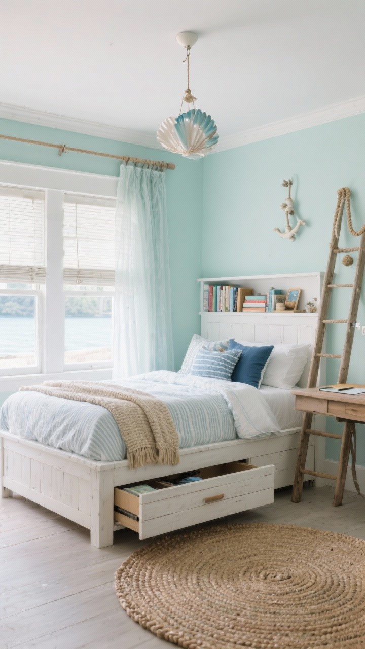 Photorealistic wide shot of a Coastal Cloud Retreat: pale seafoam walls with bright white trim, whitewashed wood bed with a storage headboard styled with books and small treasures, lightweight seersucker comforter, striped throw, ocean-toned pillows in indigo and sand hues, woven roman shades layered with sheer drapes filtering soft daylight, under-window bench with lift-up storage, narrow ladder desk keeping schoolwork tidy, round braided rug anchoring the floor, capiz shell mobile and nautical rope hooks as accents; airy, breezy, serene atmosphere