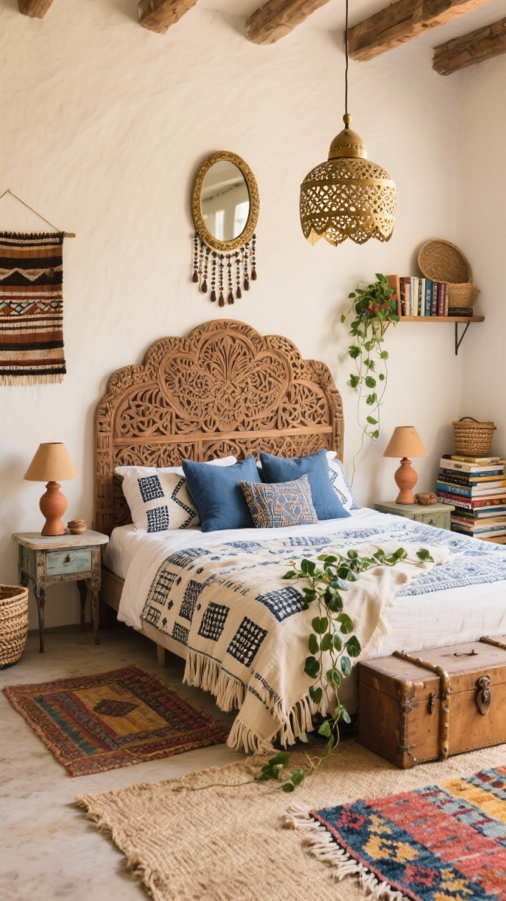 Photorealistic wide shot of a Global Artisan Hideaway: creamy walls behind a carved mango wood headboard with intricate patterns. The bed piled with a block-printed quilt, indigo-dyed pillows, and a hand-loomed throw with tassels and fringe. Layered rug moment on the floor: a neutral jute base topped with a colorful Beni Ourain or Turkish runner. Mismatched vintage tables as nightstands. Decor includes woven baskets, mud cloth wall hangings, and a beaded mirror. A brass pierced pendant overhead throwing lacey shadows, complemented by warm clay table lamps in corners. A trunk at the foot of the bed for storage, a trailing string-of-hearts plant on a wall-mounted shelf, and a stack of well-loved travel books; inviting, collected vibe, slight corner perspective.