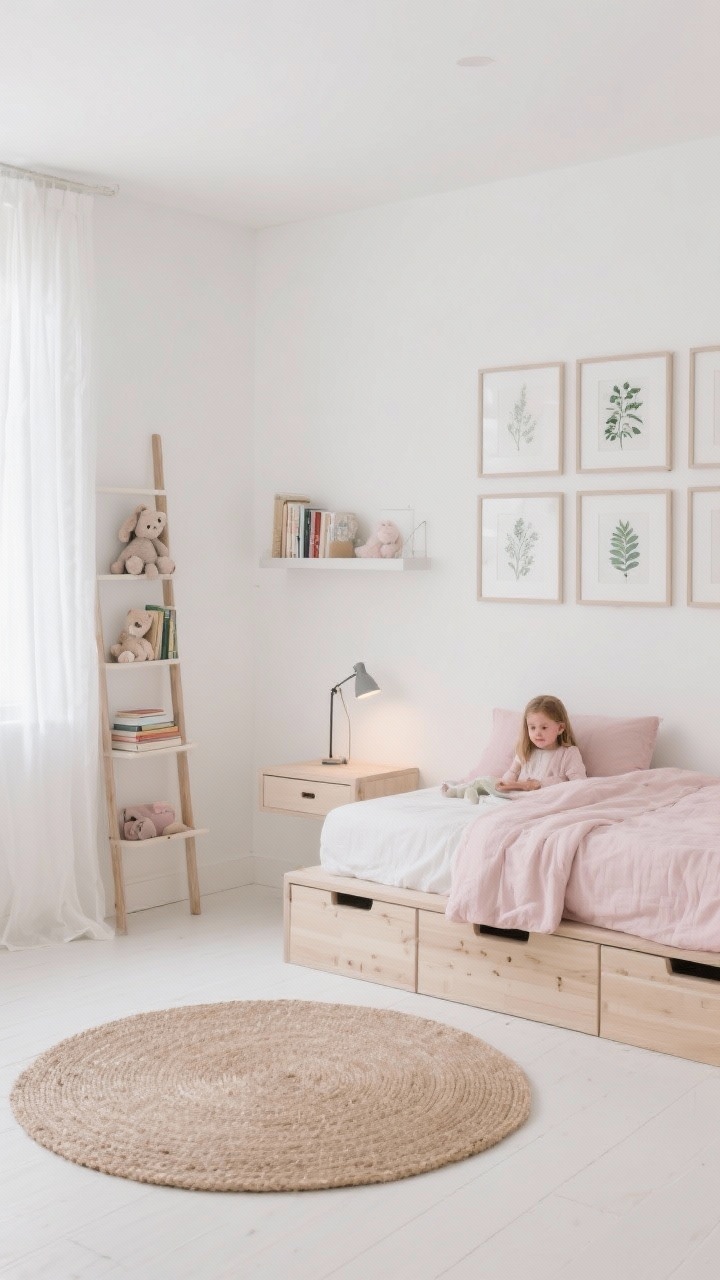 Photorealistic wide shot of a Soft Scandi Sanctuary girls bedroom: white walls, pale oak low-profile storage bed with soft-close drawers, blush linen duvet, round natural jute rug, sheer white curtains drifting in soft daylight, slim ladder shelf holding books and plush toys, floating wall shelf as a nightstand with a clip-on reading light, framed botanical prints arranged in a neat grid; color palette of milk white, blush, sand, and pale oak; clean lines, airy, minimalist styling, clutter-free