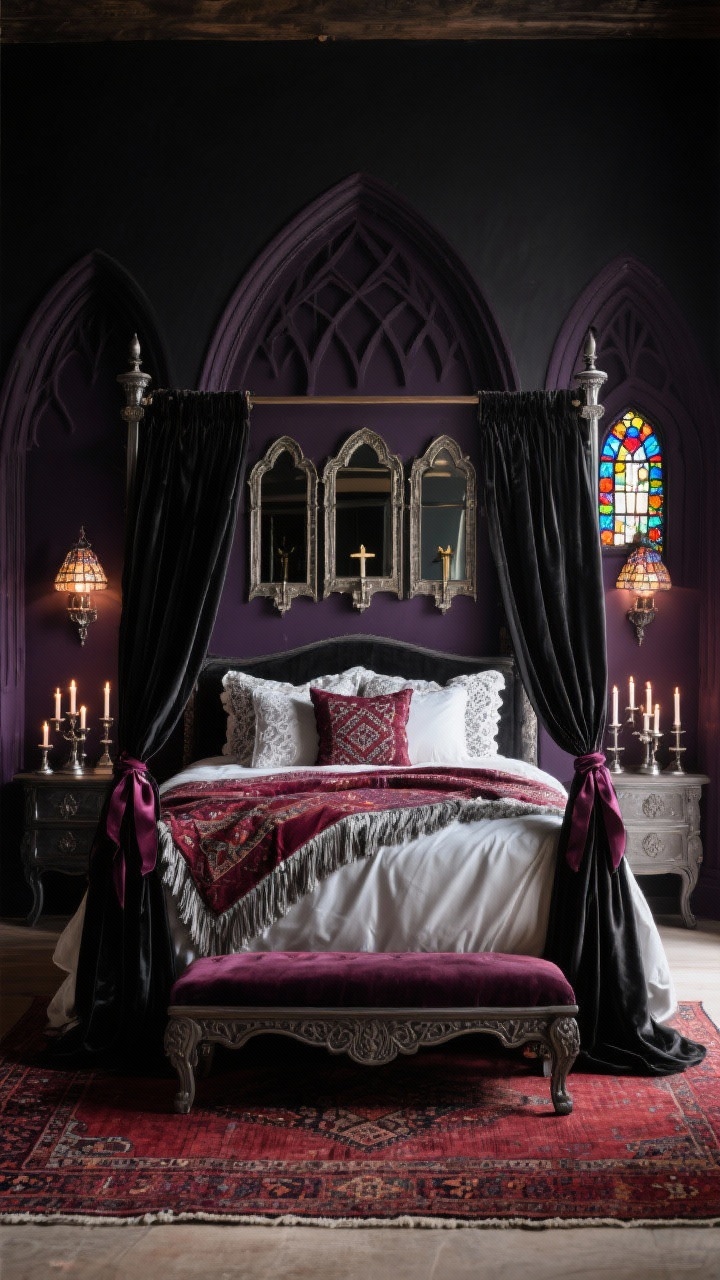 Photorealistic wide shot: Romantic Cathedral Retreat, straight-on symmetrical composition. Walls painted deep black plum with arched headboard panels mimicking cathedral windows. A four-poster bed draped in sheer black curtains tied with velvet ribbons, layered with Moroccan wedding blankets over satin sheets, fringed pillows, and lace-trimmed shams. Candle clusters in pewter holders reflect in an antique triptych mirror like a small altar. Oxblood hand-knotted rug underfoot; stained glass sconce casts a soft, colored glow. Include a carved bench at the foot of the bed and subtle stained glass accents. Color palette: black plum, oxblood, pewter, ivory. Dramatic yet romantic lighting. No people.