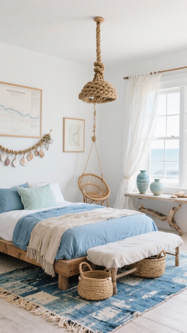 Straight-on medium shot, Coastal Boho Breeze: A serene boho bedroom with white walls and an oak platform bed dressed in sky-blue, seafoam, and sandy-beige linens; airy gauze curtains billowing by an open window; chunky rope pendant centered over the bed; a distressed indigo dhurrie rug grounding the space; seagrass baskets and shell garlands styled on the wall; framed tide maps above a linen-covered bench; rattan hanging chair by the window; ceramic vases in ocean glazes on a low console; textures of rope, driftwood, and cotton gauze; soft coastal daylight, photorealistic, no people.