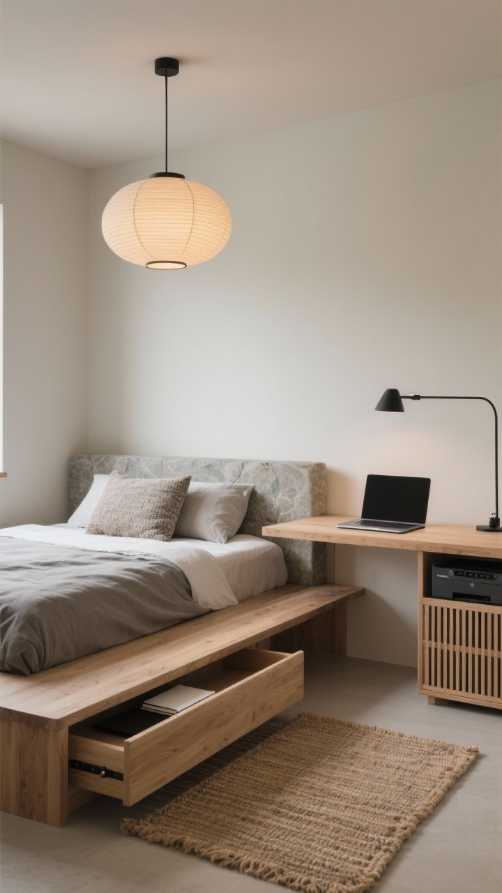 Straight-on medium shot, Japandi Platform Calm: built-in platform bed seamlessly flowing into a cantilevered ash desk as one continuous unit; thin, wide drawer under the desk slightly pulled to reveal laptop and notebook; slatted bedside cabinet concealing a printer, allowing airflow; stone-colored duvet, textured lumbar pillow, flatwoven jute rug underfoot; rice-paper pendant overhead with warm diffuse glow, slender black desk sconce; palette of ash, stone, putty with black accents; minimal, earthy, serene, photorealistic.