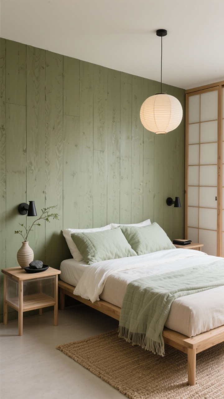 Straight-on medium shot, Minimal Zen Boho bed wall with vertical olive-painted wood paneling as a tidy textured backdrop; low ash futon-style bed frame; oatmeal linen duvet with an ecru throw and a neatly folded pale sage quilt at the foot; fluted wood nightstands with clear, uncluttered surfaces—single ceramic ikebana vase on one and a black stone tray on the other; slender shoji-style wardrobe to the side; paper lantern pendant floating overhead casting a soft, airy glow; narrow natural sisal runner on floor; matte black reading sconces; palette olive, oat, ecru, pale sage, soft black; photorealistic, calm spa-like mood.