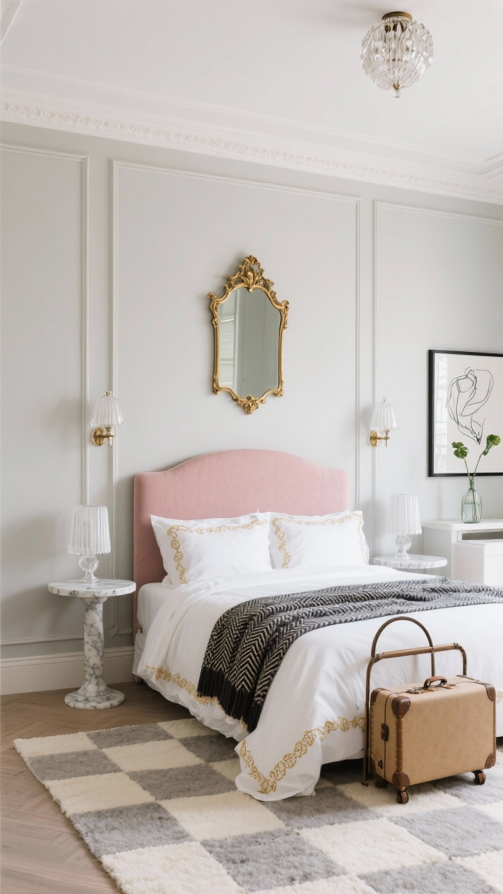 Straight-on medium shot, Parisian Petite Chic: soft greige walls with skinny crown molding; ornate gilded mirror centered above a slim upholstered headboard in dusty rose; bed dressed in crisp white sateen sheets with a delicate embroidered edge, layered with a charcoal herringbone throw; marble-top pedestal tables as nightstands; petite fluted glass sconces flanking the bed and a small crystal flush mount on the ceiling; small checkerboard wool rug in cream and gray underfoot; boutique-style luggage rack at the foot; black-and-white sketch art and a glass bud vase on the window sill; palette of greige, ivory, dusty rose, aged gold; elegant, bright, photorealistic.