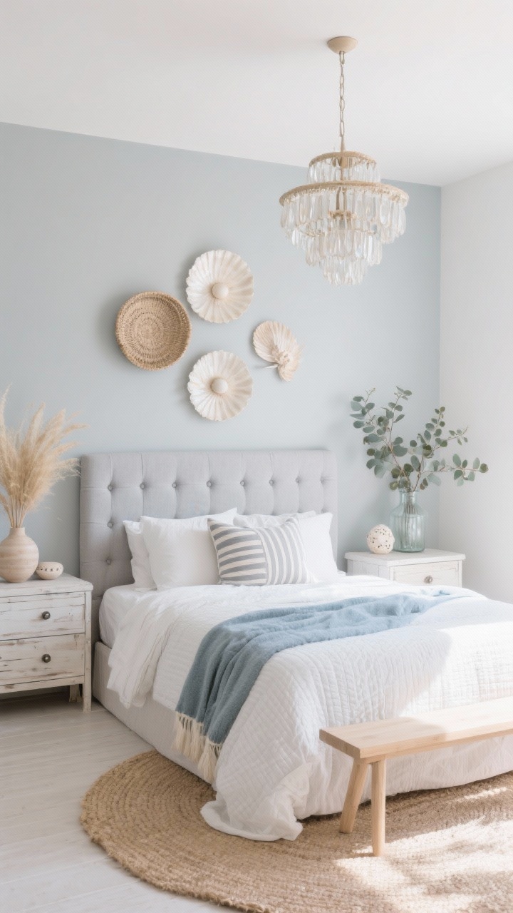 Straight-on wide shot, Cloudy Coastal Boho Nest: bright, breezy bedroom with soft dove gray walls. A tufted light-gray headboard holds airy white linen bedding layered under a pearl-gray quilt; accents include a misty blue throw and a striped gray-and-ivory pillow. A natural jute rug grounds the space. Whitewashed wood nightstands flank the bed; a slim pale oak bench sits at the foot. Over the bed, basket wall art in pale neutrals; capiz shell chandelier overhead adds soft shimmer. On a dresser, seashell-toned ceramics and glass vases with dried grasses; eucalyptus stems add spa-fresh greenery. Daylight streaming, coastal calm, photorealistic, no people.