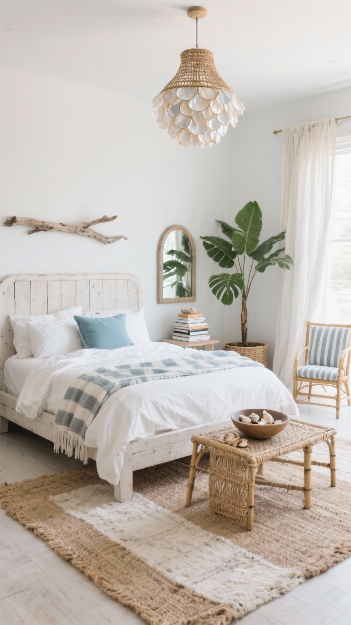 Wide, airy coastal boho bedroom with soft daylight: palette of soft white, sandy taupe, driftwood gray, and sea-glass blue. Whitewashed wood bed (or oatmeal linen upholstered frame) dressed in crinkled white sheets, a striped throw, and faded indigo pillows. Layered jute and cotton rugs underfoot. Overhead capiz shell chandelier (or woven seagrass pendant) shimmering subtly. Decor includes a driftwood mirror, stacked coffee table books, and a bowl of collected shells on a low rattan side table beside a slim bamboo chair with a striped cushion. Sheer curtains moving gently, a large palm or monstera in a basket planter. Calm walls, tactile textures, breezy, photorealistic, no people.
