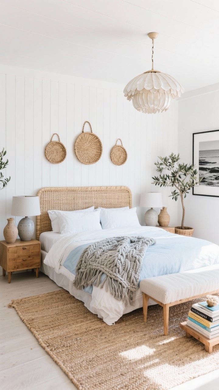 Wide, airy straight-on shot: A Coastal Boho Retreat with crisp white walls and white oak slat paneling behind a woven seagrass bed frame with a tailored white slipcovered headboard. Bedding includes percale sheets, a lightweight chambray duvet, and a cable-knit throw in driftwood gray. A flatweave jute rug grounds the space. Bleached teak nightstands and a linen-upholstered bench with oak legs sit nearby. Lighting features a capiz shell chandelier and ceramic bedside lamps in matte chalk. Decor includes hand-thrown stoneware vases, a trio of woven wall baskets, and oversized black-and-white coastal photography. Potted olive trees and a stack of beachy coffee-table books add life. Bright natural daylight, clean and breezy, photorealistic.