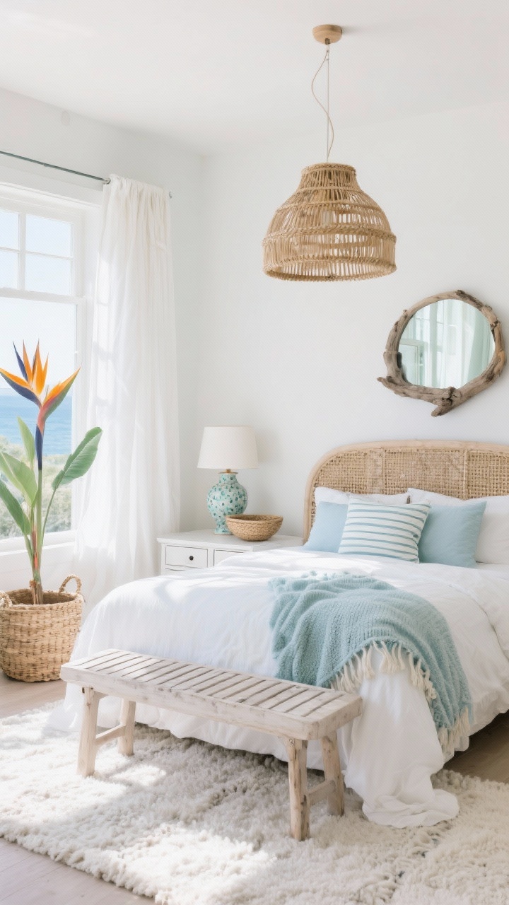 Wide, airy straight-on shot: Coastal Boho Breeze bedroom in whites, driftwood, soft blues, and sea glass green, with warm rattan touches. Caned headboard on a whitewashed bed frame; textured ivory rug underfoot. Crisp white bedding layered with a pale blue woven throw and striped pillows. Rattan pendant overhead, ceramic lamps with speckled glazes on simple bedside tables. A slatted bench at the foot of the bed, low fluted dresser in bleached oak on the side. Rope mirror, driftwood bowl, and seagrass baskets as accents. Sheer linen curtains that puddle slightly at tall windows. A bird of paradise plant by the window and a woven hamper nearby. Photorealistic, bright natural daylight, breezy vacation mood.