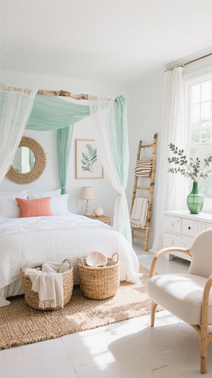 Wide, airy straight-on view, Coastal Boho Breeze: bright whites with driftwood and sea-glass green palette; canopy bed with gauze drapery, crisp white cotton sheets, white waffle blanket; jute rug grounding the space; woven seagrass mirror above the bed; rattan baskets with extra throws; shell-inspired bedside lamps providing soft shore glow; whitewashed dresser, bamboo ladder holding blankets, curved upholstered chair in a pale neutral; decor includes coral-toned accent pillow, botanical prints, eucalyptus stems in a bottle-green vase; sheer linen drapes catching light at the windows; photorealistic, sunlit, uncluttered and calming.