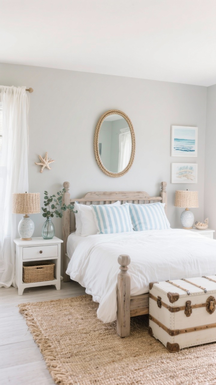 Wide, bright coastal room shot: Fresh cottage bedroom with soft greige walls, white bedding, weathered oak bedframe with clean lines. Light blue ticking stripe pillows, white linen drapes replacing heavy curtains, rope-framed mirror bouncing light. Matching small white nightstands with ceramic table lamps and woven shades, seagrass rug, coastal art on walls, coral figurine and a glass vase with eucalyptus on a nightstand. Storage trunk at the foot or a bed with drawers/lift-up base subtly visible. Airy daylight, palette of greige, white, seafoam, light blue, natural fiber.