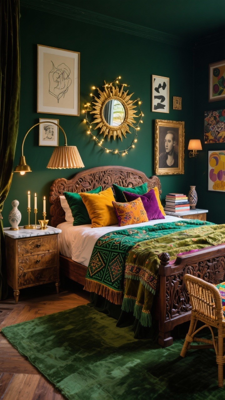 Wide dramatic room shot, Maximalist Art House bedroom with deep olive walls; carved mango wood bed piled with jewel-toned pillows in emerald, saffron, and plum with fringe and embroidery; block-print quilt; velvet curtains in mossy green pooling on the floor; cane-and-brass nightstands with taper candles and ceramic totems; marble-topped dresser with stacked art books; eclectic gallery above the bed: line drawings, abstract prints, vintage portrait; gilded sunburst mirror; layered lighting—brass arc floor lamp, pleated silk shades, and tiny fairy lights draped around the mirror; palette deep olive, emerald, saffron, plum, antique gold; photorealistic, moody evening glow.