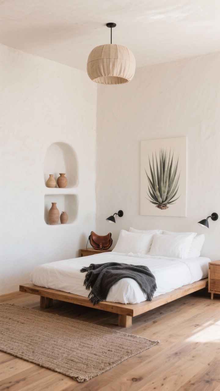 Wide, minimalist corner perspective: High Desert Modern Rustic bedroom with warm white walls and a single adobe-style plaster accent, solid oak platform bed (no footboard) made with crisp white bedding and a neatly folded charcoal alpaca blanket at the end, built-in niche displaying simple clay vessels, wide-plank wood floors, flat-woven rug in tonal taupes, linen drum pendant overhead, slim black reading sconces at the bed, a single oversized agave print on the wall, and a saddle leather catchall on a low oak nightstand; clean, soft daylight, photorealistic, no people.