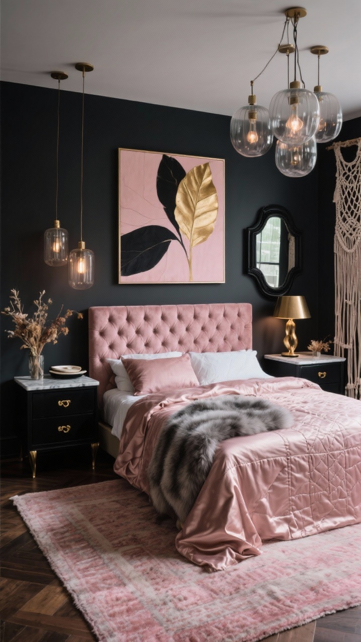 Wide, moody straight-on view: Moody Boho Glam in blush and charcoal with deep charcoal walls. A tufted blush velvet bed as the focal point, flanked by black nightstands with brass hardware. Bedding layered with champagne silky sateen sheets, a blush velvet quilt, and a smoky gray faux-fur throw. High-pile Moroccan rug with subtle pink undertones on the floor. Overhead smoked-glass pendants and a sculptural brass lamp casting warm pools of light. Oversized abstract canvas in blush, black, and gold leaf above the bed, plus black-framed mirrors, marble trays, dried florals, and a macramé curtain panel for boho texture. Dramatic, romantic, and chic.