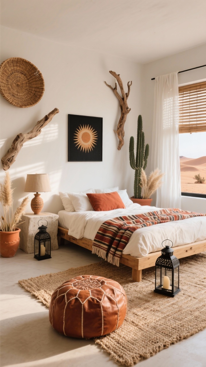 Wide room shot: A Desert Nomad Neutrals boho bedroom bathed in warm late-afternoon light, palette of creamy whites, camel, rust, and terracotta with subtle black accents. Low-profile natural wood bed centered on a chunky woven jute rug; bed dressed in stonewashed linen—ivory sheets, rust duvet, and a striped kilim throw casually layered. Walls feature oversized woven baskets and a sculptural driftwood piece. A plaster-look nightstand holds a ceramic lamp with a linen shade casting soft glow. Terracotta planters with pampas grass, black metal lanterns on the floor, gauzy white curtains layered over bamboo blinds on the windows. Matte black-framed art of abstract sun shapes/desert photography. Moroccan leather pouf at the foot of the bed and a tall cactus in the corner. Photorealistic, straight-on perspective, calm earthy mood.