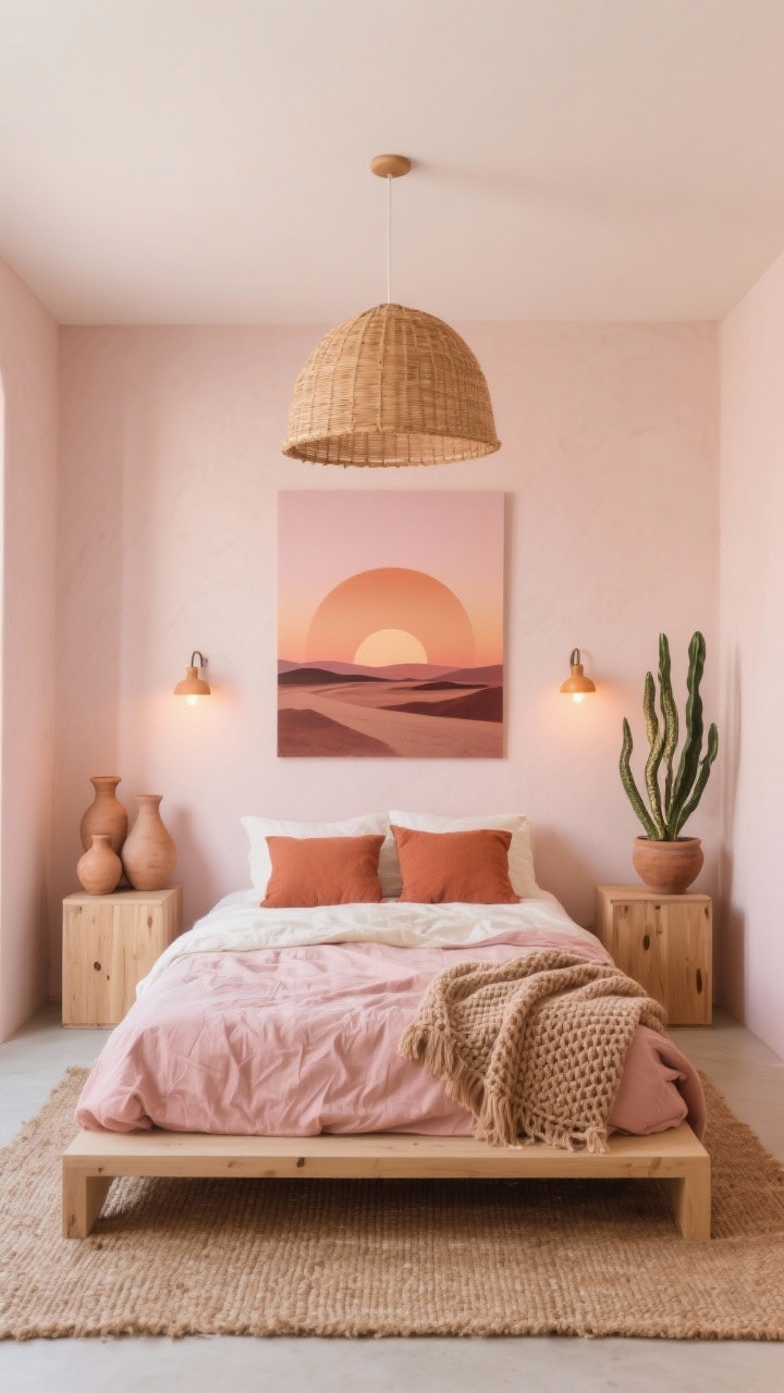 Wide room shot: A Desert Sunrise Sanctuary bedroom with matte pale blush walls and a natural jute rug, a low-profile light oak platform bed layered with crinkled cotton bedding in blush and cream, terracotta linen shams, and a warm sandstone waffle-knit throw. Rattan dome pendant centered overhead, two ceramic sconces with warm bulbs flanking the bed, simple wood cube nightstands with visible grain. An oversized abstract sunrise print in blush, clay, and rust above the bed. Cluster of unglazed clay vases on one nightstand and a potted snake plant adding vertical structure. Soft dawn-like lighting for a quiet, sun-washed, soothing mood.