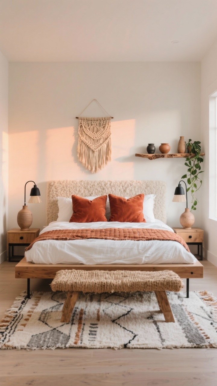 Wide room shot: A modern boho bedroom at sunrise with warm off-white walls (cream with a hint of peach) and soft, warm lighting. Centered low-profile oak platform bed with a nubby bouclé headboard, dressed in crisp white linen sheets and a clay-toned quilt. Two oversized rust velvet euro pillows add depth. Flatweave Berber rug in ivory and warm gray underfoot. Matte black metal sconces with linen shades flank the bed. A chunky jute bench at the foot, asymmetrical ceramic vases on nightstands, a woven wall hanging above the bed, and a slim live-edge shelf displaying ceramics with a single trailing pothos. Include subtle matte black hardware accents; overall palette of sand, oatmeal, and terracotta. Photorealistic, straight-on view.
