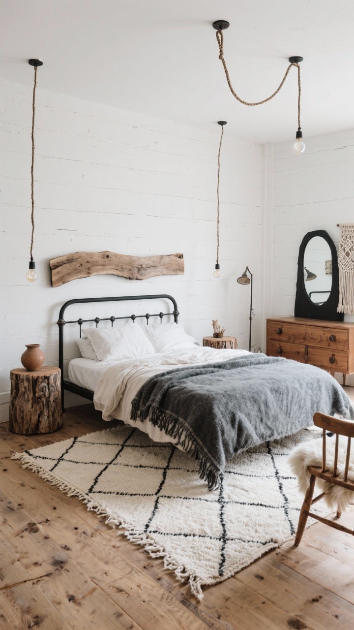 Wide room shot, Cabin-Grade Boho Minimalism: Minimal, tactile bedroom with white plaster walls, wide-plank wood floors, and a raw-edge live-edge headboard. Black steel bed frame dressed in undyed linen bedding and a heavy graphite wool camp blanket. Flatweave cream rug with a broken diamond pattern under the bed. Two chunky wood stump tables as nightstands flanking the bed. Low maple dresser with leather pulls along one wall. Lighting: bare-bulb pendants with braided cords over the nightstands and a forged-iron floor lamp. Intentional decor: a handcrafted clay vessel on a stump table, a blackened mirror above the dresser, a single woven wall hanging. A wool runner at the foot of the bed and a sheepskin throw over a spindle-back chair. Cool morning natural light for calm restraint. Straight-on viewpoint.